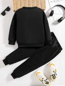 2 件套年轻男孩卡通印花保暖圆领运动衫和运动裤 - 黑色 - 查看 2