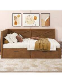 Twin Size Wood Daybed With 2 Drawers And Rustic Guardrail, Ancient Brown(Expected Arrival Time: 8.28),Youngth