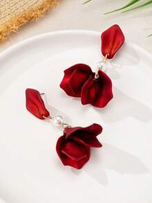 1 Pair Elegant Long Petal Tassel Pearl Red Earrings, Fashion Jewelry Gift For Women - Red - View 3