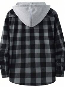 男士法兰绒格子衬衫休闲纽扣衬衫常规版型长袖衬衫 - 深灰色 - 查看 3