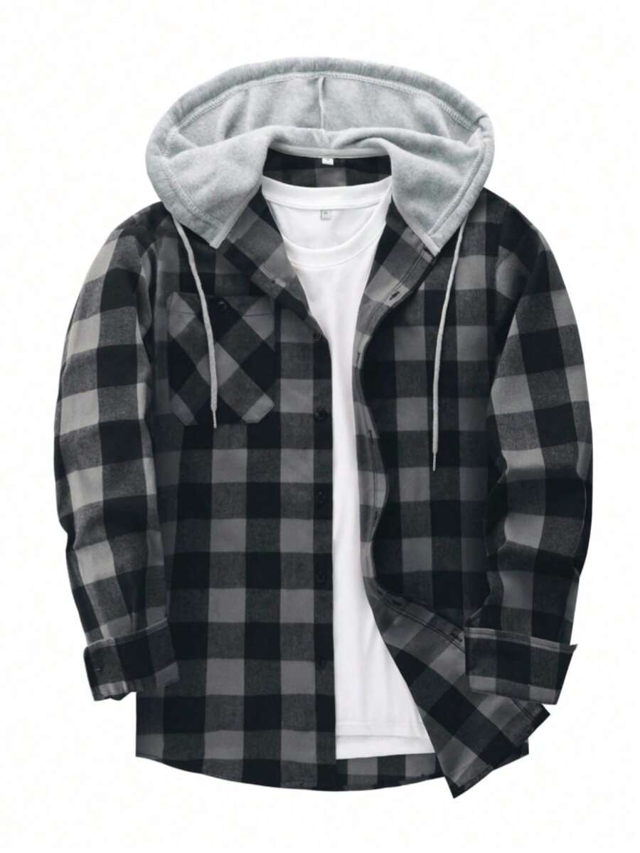 男士法兰绒格子衬衫休闲纽扣衬衫常规版型长袖衬衫 - 深灰色 - 查看 1