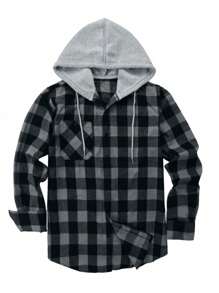 男士法兰绒格子衬衫休闲纽扣衬衫常规版型长袖衬衫 - 深灰色 - 查看 4