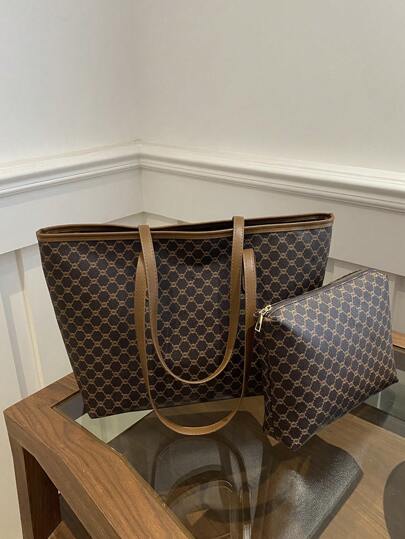 2 件套复古字母印花斜挎包，大容量通勤单肩包，母亲节礼物