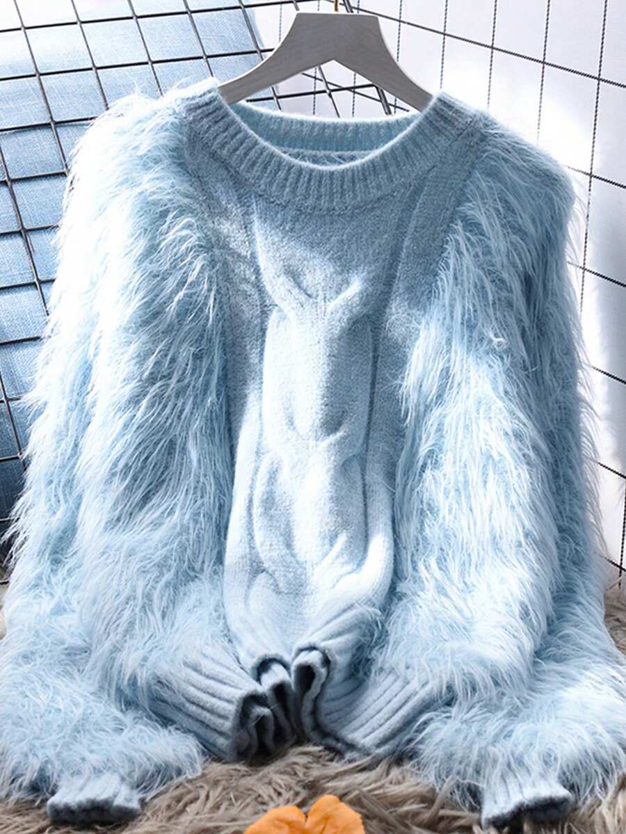 Suéter de manga larga con cuello alto, acento esponjoso, de moda, para primavera y otoño - Azul - Ver 1