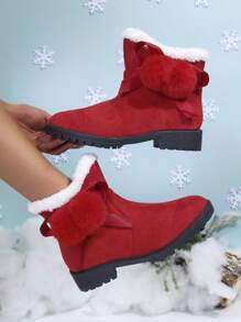 女士冬季新款红色雪地靴，带保暖内衬，保暖高跟短靴和踝靴，时尚百搭毛绒球装饰雪地靴 - 紅色 - 查看 1
