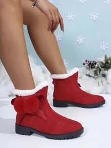女士冬季新款红色雪地靴，带保暖内衬，保暖高跟短靴和踝靴，时尚百搭毛绒球装饰雪地靴 - 紅色 - 查看 6