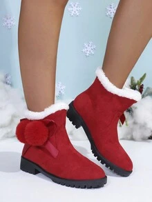 女士冬季新款红色雪地靴，带保暖内衬，保暖高跟短靴和踝靴，时尚百搭毛绒球装饰雪地靴 - 紅色 - 查看 3