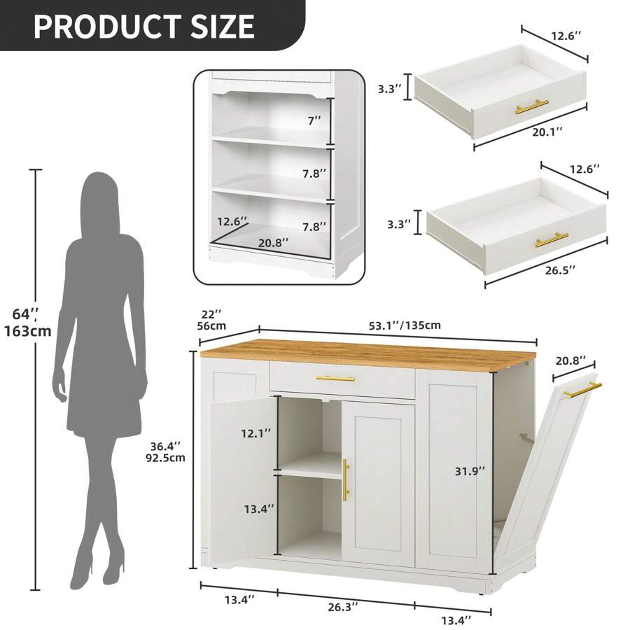 Large Rolling Kitchen Island With Trash Can Trolley Island With