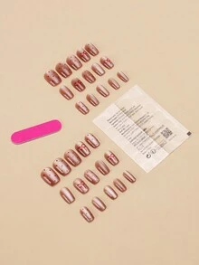 30 件短圆形胶粘指甲尖，红点和蝴蝶结装饰，法式美甲风格，包括 1 个指甲锉和 1 个推杆，适合派对、日常佩戴，可重复使用 - 彩色 - 查看 2