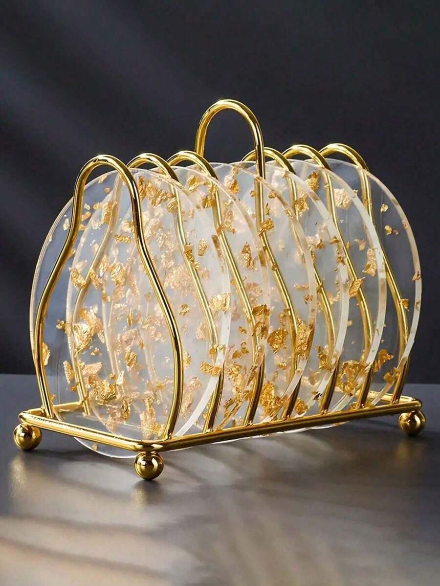 2/4/6pcs Gold Foil Acrylic Coasters - Deluxe Tea Cup Insulation Coasters - Stylish Round Tabletop Protection Home Decor Set - Multicolor - View 1