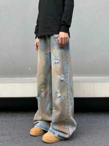 [US Warehouse]ARTIST STORE |Stitched Washing Jean High Street Girls Calf Jeans Straight Distressed Wash Jeans