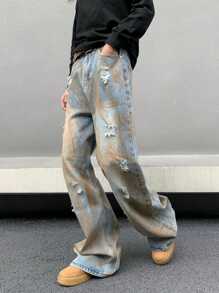 [US Warehouse]ARTIST STORE |Stitched Washing Jean High Street Girls Calf Jeans Straight Distressed Wash Jeans