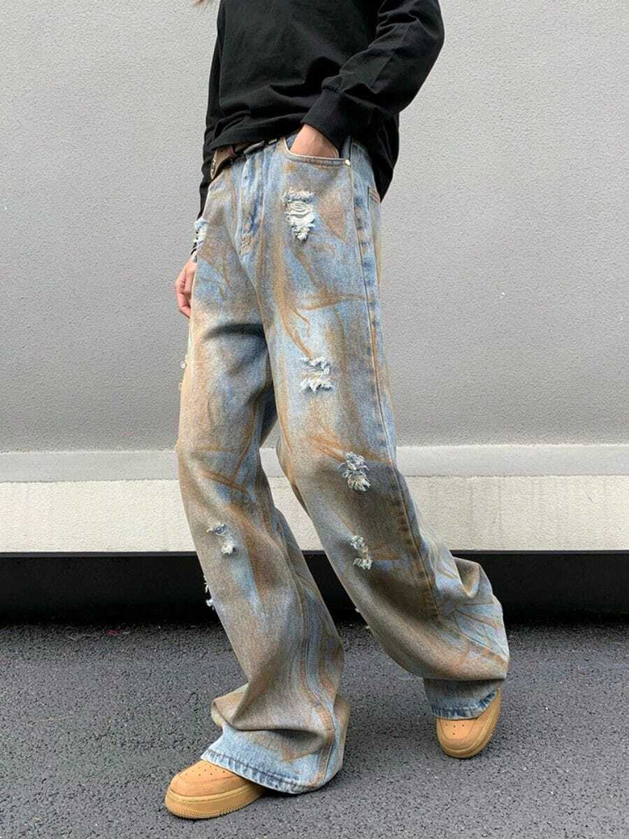 [US Warehouse]ARTIST STORE |Stitched Washing Jean High Street Girls Calf Jeans Straight Distressed Wash Jeans