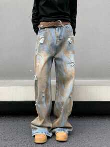 [US Warehouse]ARTIST STORE |Stitched Washing Jean High Street Girls Calf Jeans Straight Distressed Wash Jeans