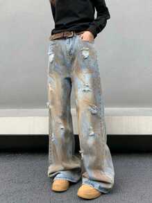 [US Warehouse]ARTIST STORE |Stitched Washing Jean High Street Girls Calf Jeans Straight Distressed Wash Jeans