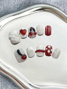 Faux ongles carrés pressés (faits à la main), style mignon, design fait main de fleurs d'amour de pomme de cerise, légers, parfaitement adaptés à l'extrémité de l'ongle, faux ongles en gel souple , faux ongles acryliques naturels réutilisables, ongles collés, faux ongles brillants recouvrant complètement, set de faux ongles acryliques, convient comme cadeau pour les femmes et les filles, port quotidien, 10 sets d'ongles