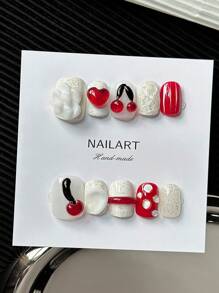 Faux ongles carrés pressés (faits à la main), style mignon, design fait main de fleurs d'amour de pomme de cerise, légers, parfaitement adaptés à l'extrémité de l'ongle, faux ongles en gel souple , faux ongles acryliques naturels réutilisables, ongles collés, faux ongles brillants recouvrant complètement, set de faux ongles acryliques, convient comme cadeau pour les femmes et les filles, port quotidien, 10 sets d'ongles