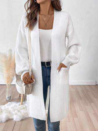 Dam höst/vinter ny enkel enfärgad lång Dolman-kofta med dubbla fickor