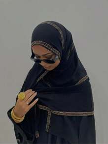 1 件装女士头巾几何图案水钻纯色雪纺柔软头巾阿拉伯休闲长围巾朴素纯色头带适合日常使用 Abaya 配饰 - 黑色 - 查看 1