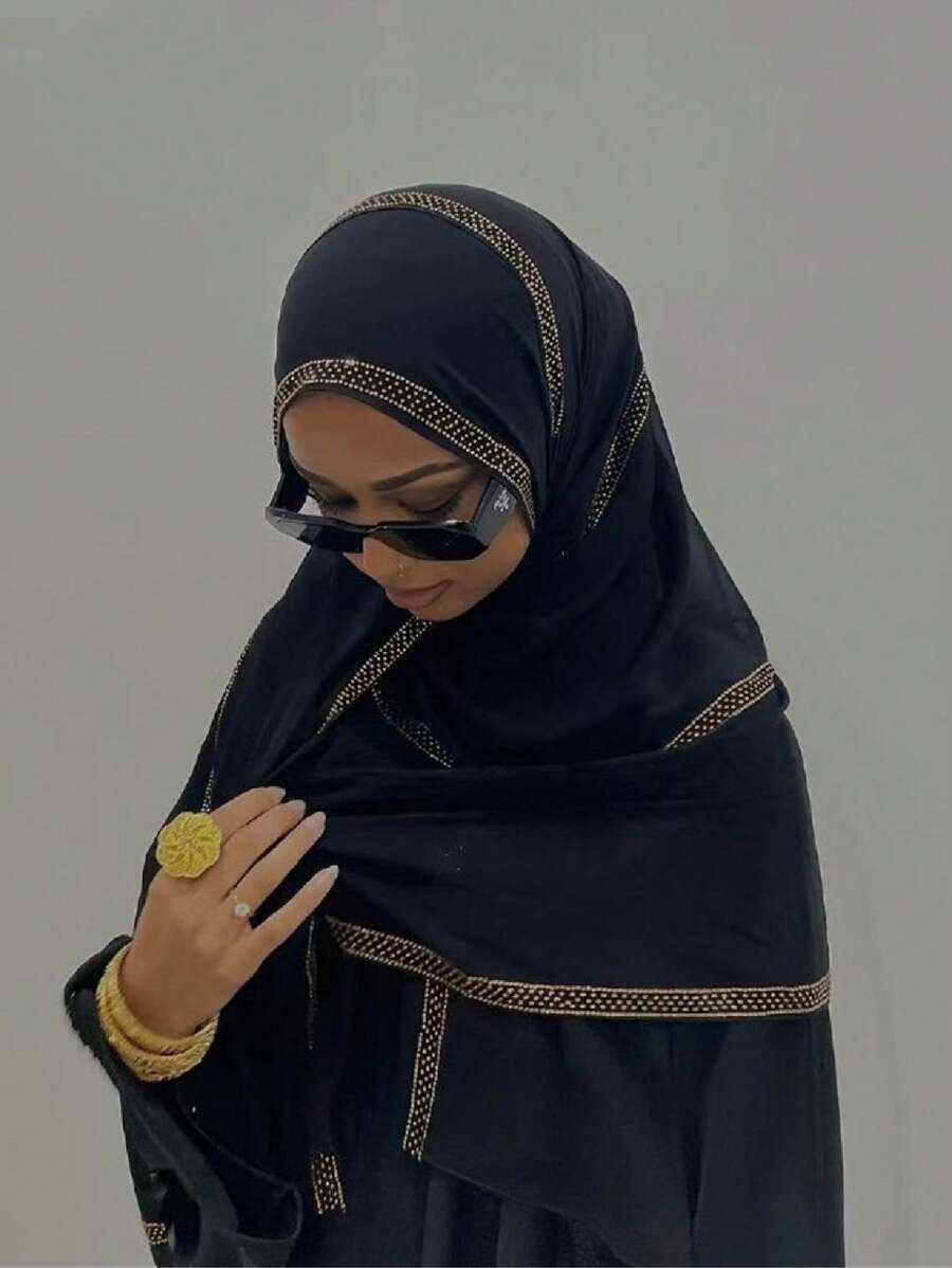 1 件装女士头巾几何图案水钻纯色雪纺柔软头巾阿拉伯休闲长围巾朴素纯色头带适合日常使用 Abaya 配饰 - 黑色 - 查看 1