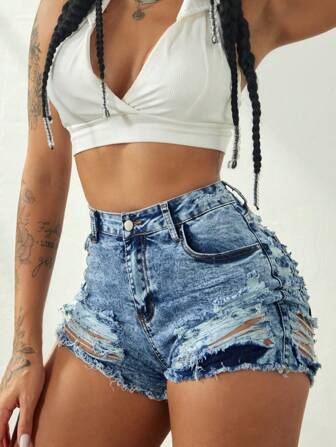 Rave Y2K Streetwear High Stretch Diagonal Pocket Distressed Frayed Denim Mini Shorts, Casual Slim Fit