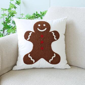 1 件圣诞姜饼人刺绣枕套，节日刺绣垫子适合节日装饰