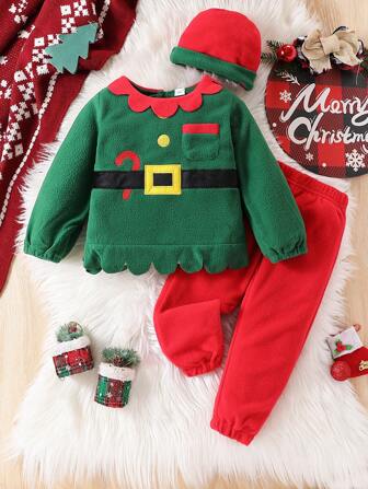 Baby Boy 3pcs Christmas Outfit - Thick Long Sleeve Top, Pants And Hat Set, Suitable For Autumn/Winter
