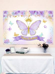 1 件紫色蝴蝶生日横幅，带有“生日快乐”，生日背景布完美装饰生日派对，生日家庭节日派对房间墙壁装饰，家居装饰，户外派对围栏装饰，生日礼物部分回礼，蝴蝶装饰，女士生日装饰 - 彩色 - 查看 3