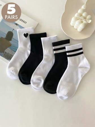5双黑白女士中筒薄袜，适合春秋冬季，学生时尚运动袜，秋季
