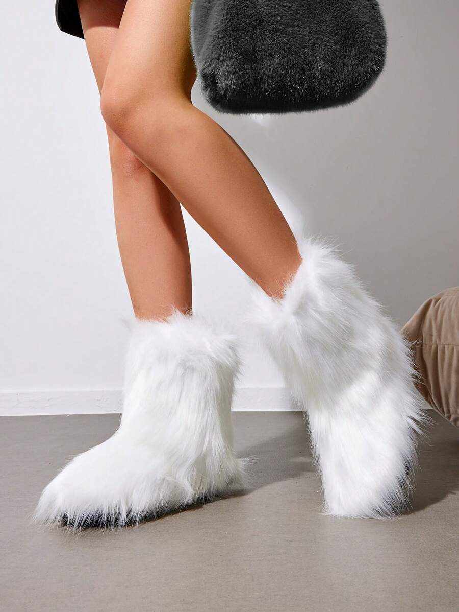 Women Winter Boots Fluffy Flat Snow Boots Slip-On Knee-High Boots Furry Boots Ladies Shoes Go With Dress Great For Festival And Party Occasion Mid-Calf Black Boots - 白色 - 查看 1