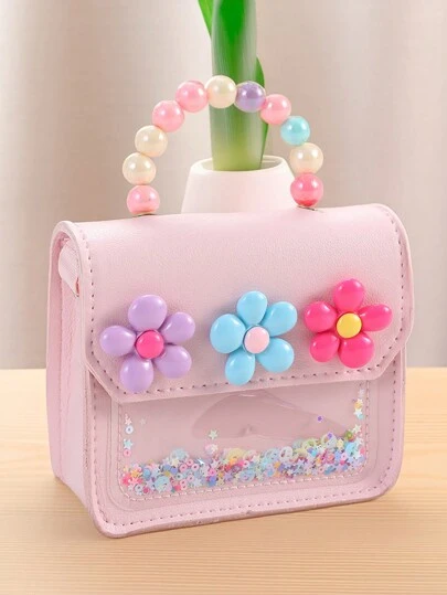 1 pieza Bolso de hombro lindo para niños estudiantes con decoración de flores y perlas de varios colores, Bolsa para el almuerzo escolar/ID/monedas, Adecuado para escuela, transporte, recompensa de regalo, uso diario