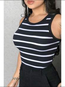 Striped Tank Top Basic Ribbed Sleeveless T-Shirt Blogger Fashion - màu đen - Xem 2