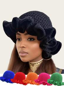 1pc Women's Y2K Style Handmade Crochet Ruffled Knit Hat, Hollow Out Knitted Bucket Hat, Suitable For Daily Wear, Photography, Parties, Picnics, Outdoor Activities - Color - View 1