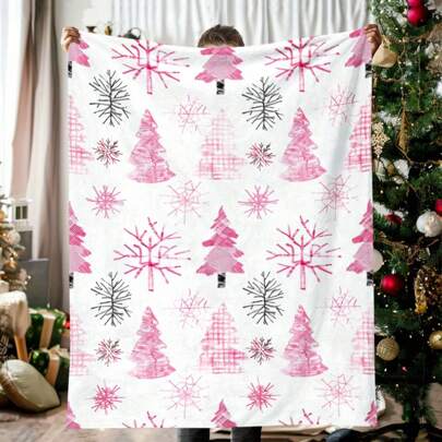 Soft Flannel Christmas Theme Blanket - Minimalist Design With Christmas Tree & Snowflake In Warm Color Tone, In Pink, Black And White Digital Printing - Suitable For Living Room, Bedroom, Sofa And Camping - Ideal Gift For Friends, Family And Classmates