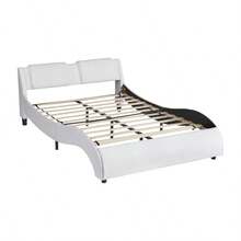 Queen Size Upholstered Faux Leather Platform Bed With LED Light Bed Frame With Slatted - White - 白色+實木+大床如圖 - 查看 4