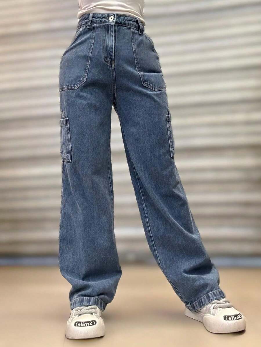 High Waisted Cargo Jeans Wide Leg Jeans - Blue - View 1
