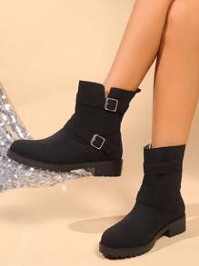 Damen Mode Stiefel mit rundem Zeh, dickem Absatz und Schnalle, Mittelschaft-Stiefel, neue Freizeitschuhe für Outdoor - Schwarz - Übersicht 5