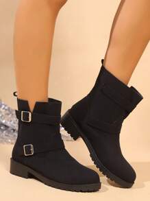 Damen Mode Stiefel mit rundem Zeh, dickem Absatz und Schnalle, Mittelschaft-Stiefel, neue Freizeitschuhe für Outdoor - Schwarz - Übersicht 1