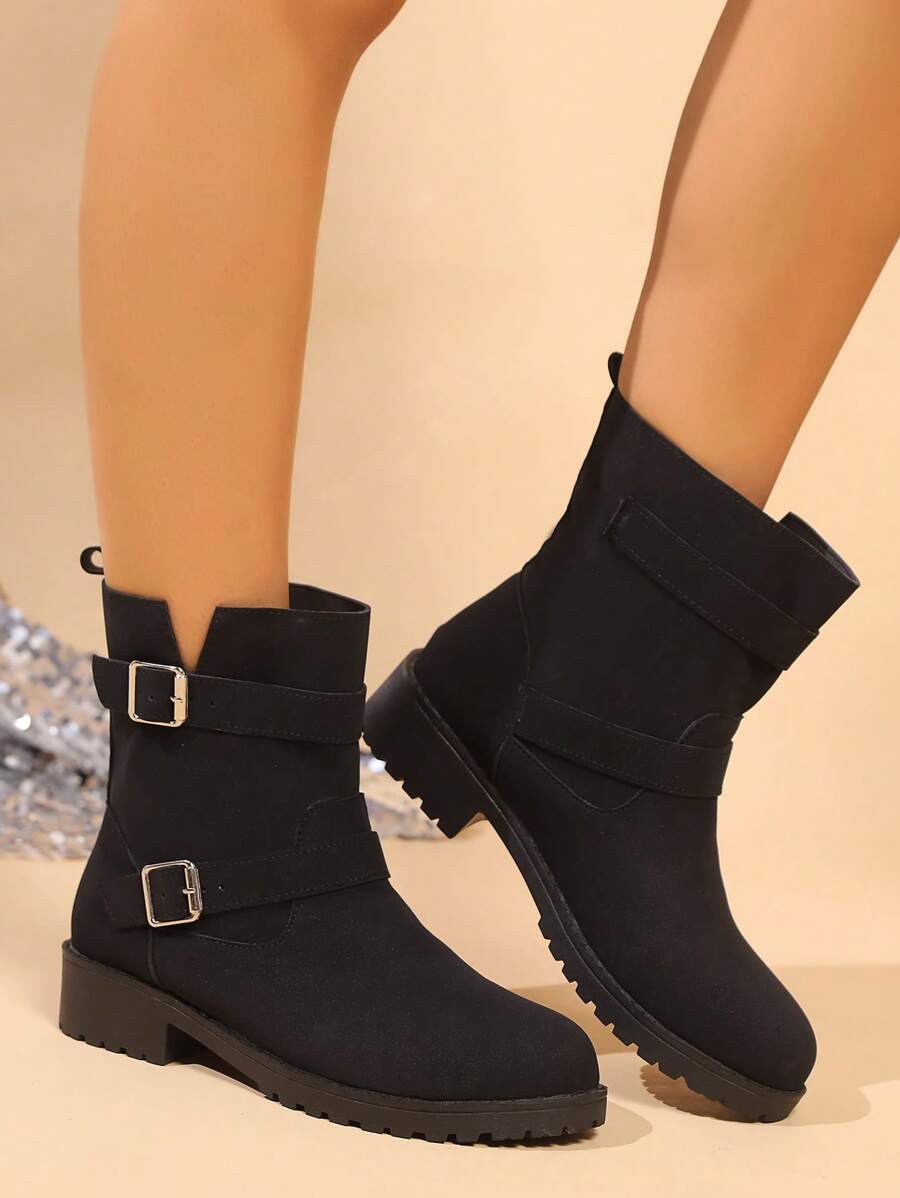 Damen Mode Stiefel mit rundem Zeh, dickem Absatz und Schnalle, Mittelschaft-Stiefel, neue Freizeitschuhe für Outdoor - Schwarz - Übersicht 1
