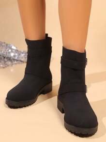 Damen Mode Stiefel mit rundem Zeh, dickem Absatz und Schnalle, Mittelschaft-Stiefel, neue Freizeitschuhe für Outdoor - Schwarz - Übersicht 3