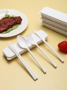5 Stück/Set Tragbares Kunststoff Besteck-Set mit Messer, Gabel, Löffel, Essstäbchen und 1 Aufbewahrungsbehälter - geeignet für Outdoor-Camping, Picknick, Arbeit und Schule, Schulmaterial