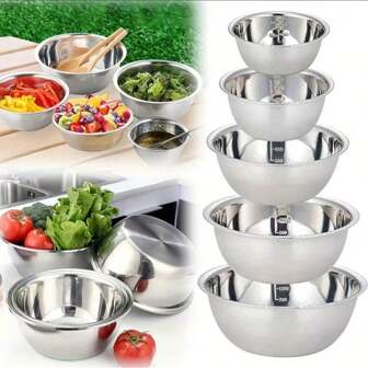 5pcs/Set Stainless Steel Mixing Bowl Salad Mixing Bowl Set, For Food Storage, Meal Preparation, Salad, Etc., Kitchen Gadget, Kitchen Accessories