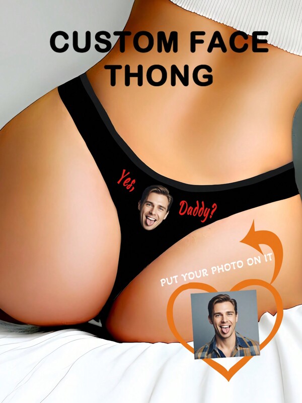 1pc Personalized "Yes Daddy" Letter & Male Portrait Print Sexy Low-Waist Funny Thong Underwear For Valentine's Day/Anniversary, Stretchy Butt-Lifting,Adorable,Contracted,Funny,Cute,Custom,Personalized,Unique,Customized,Underwear,Thongs,Ideal Gifts For Him,Ideal Gifts For Her,Friends,Girlfriend