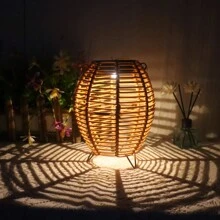1pc Handmade Outdoor Rattan Lantern With Solar Powered Vintage Bulb, Tabletop Atmosphere Light For Garden Patio Lawn Villa Camping Decor - Multicolor - View 2
