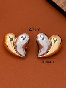 时尚优雅双色金属心形耳钉 - 彩色 - 查看 3