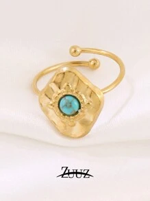 1pc Stainless Steel Ladies' Ring Geometric Circle 18k Gold Plated Blue Natural Turquoise Chain Style Turquoise Decor Cuff Ring Jewelry Best Friends Gifts