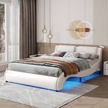 Queen Size Upholstered Faux Leather Platform Bed With LED Light Bed Frame With Slatted - White - 白色+實木+大床如圖 - 查看 1
