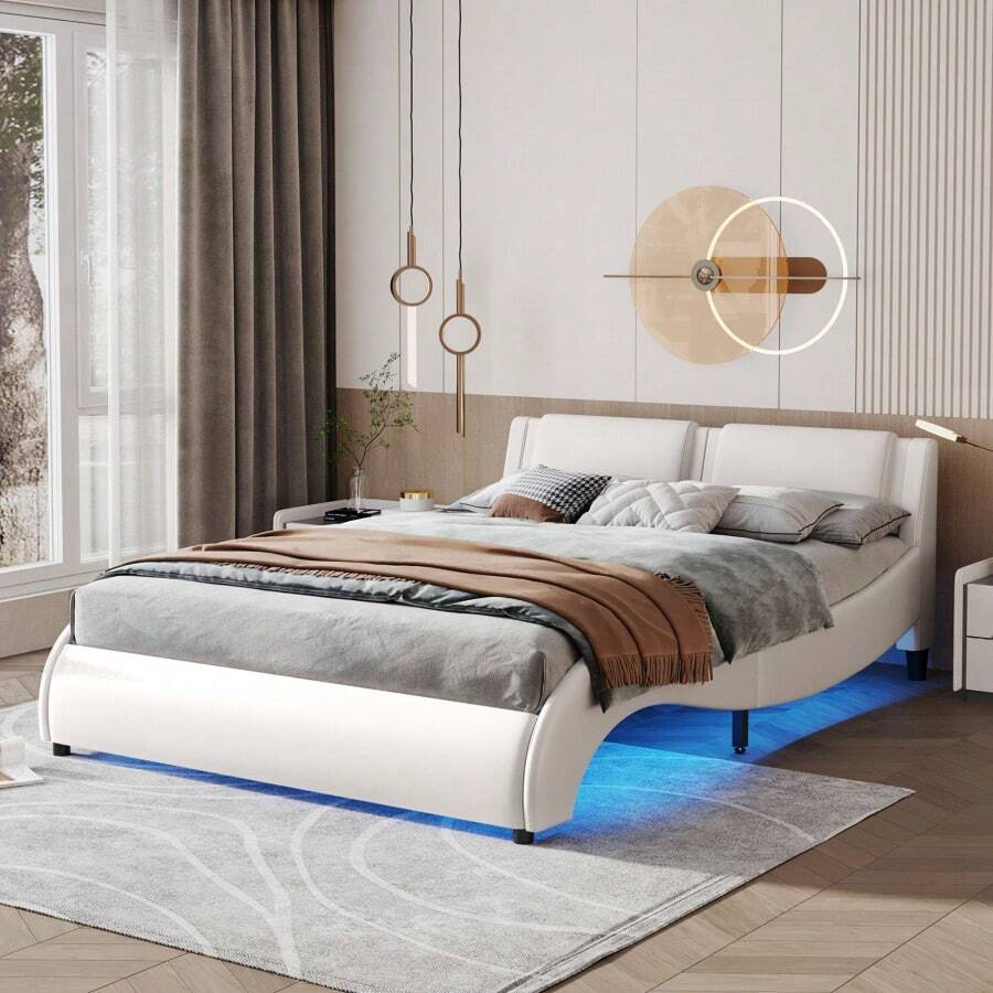 Queen Size Upholstered Faux Leather Platform Bed With LED Light Bed Frame With Slatted - White - 白色+實木+大床如圖 - 查看 1