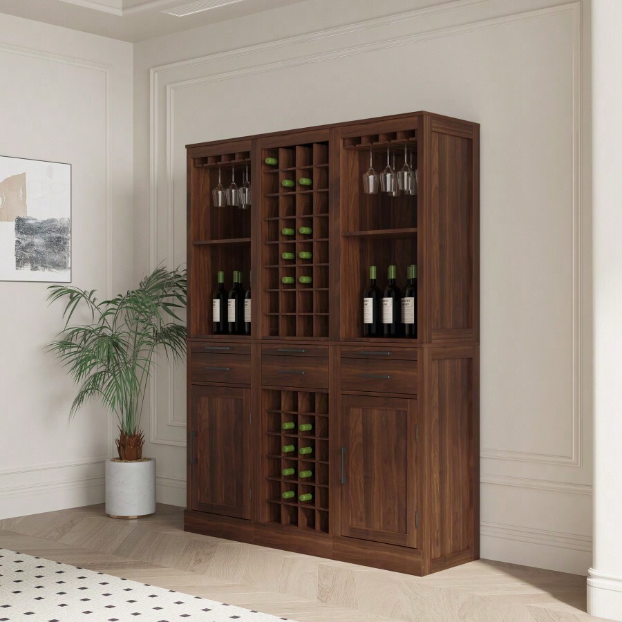 Brown Walnut Color Modular Wine Bar Buffet With Hutch