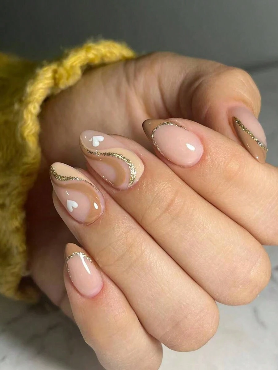 24片短款杏仁浅棕色心形条纹法式美甲贴纸，完美适配短款亚克力假指甲套装，包含1片果冻胶和1把指甲锉，适合女性和女孩日常及派对美甲用品。 - 彩色 - 查看 1